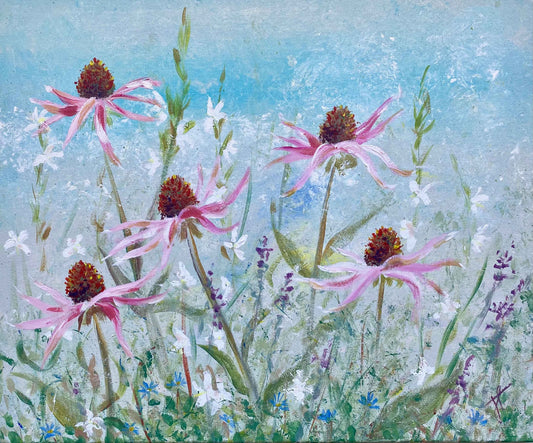 Acrylic painting of 5 echinacea daisies in bloom in outdoor setting with gaura and toadflax.
