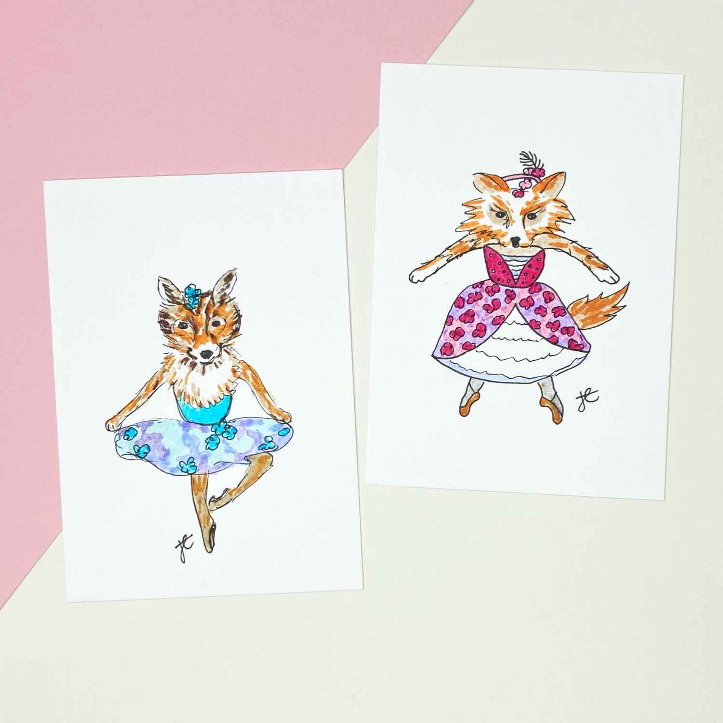 Foxy-Marie – hand-drawn ballet postcard duo