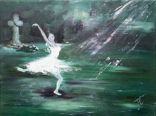 Ballerina painting in green and white colour scheme, inspired by Giselle