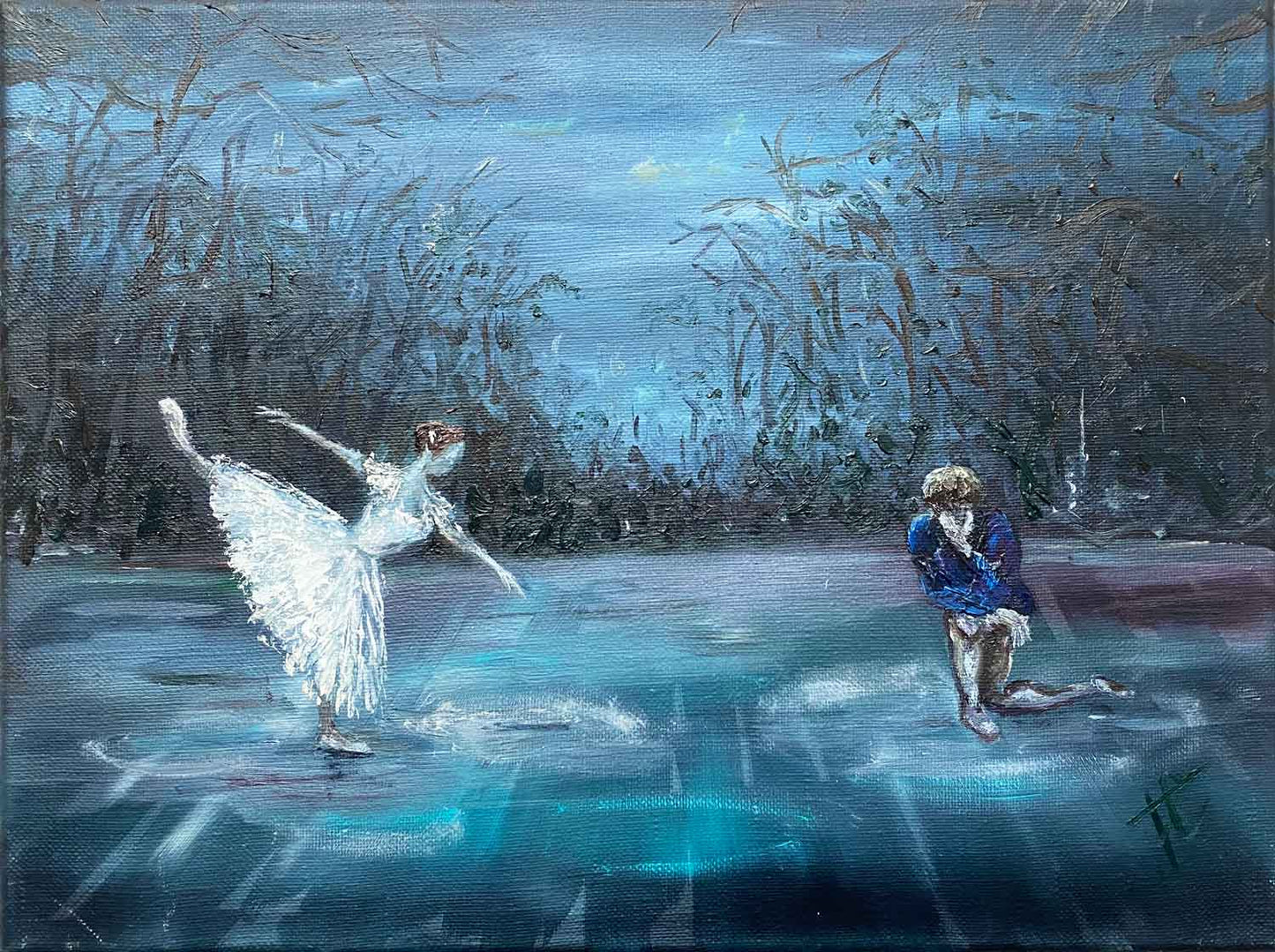 Blue painting of ballet scene inspired by Giselle Act 2