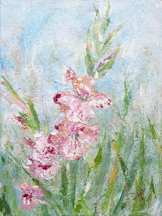Flower painting of pink gladioli in garden