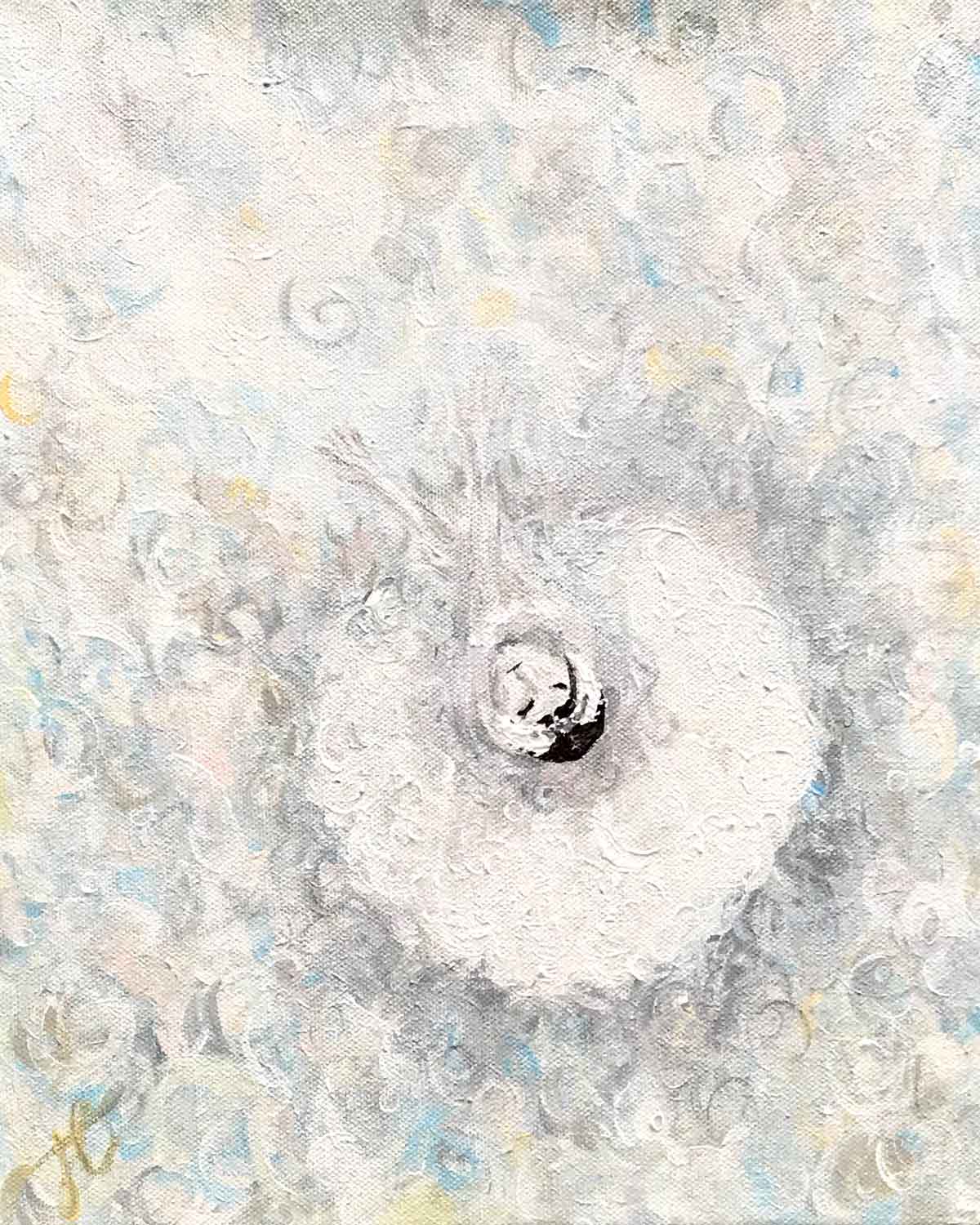 Painting cropped to edge: aerial view of ballerina in white swan costume. The painting comprises many layers of softly coloured feathers.