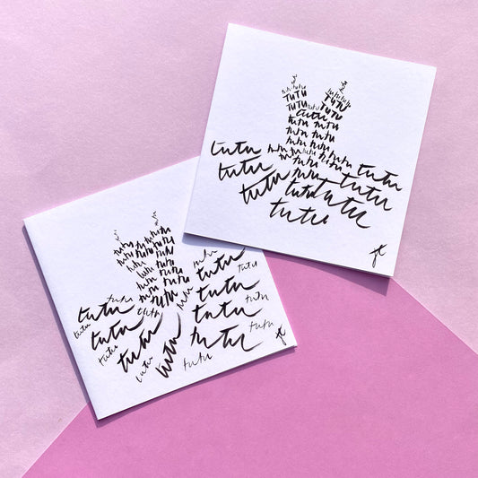 two square greetings cards with tutu design formed by word repetitions