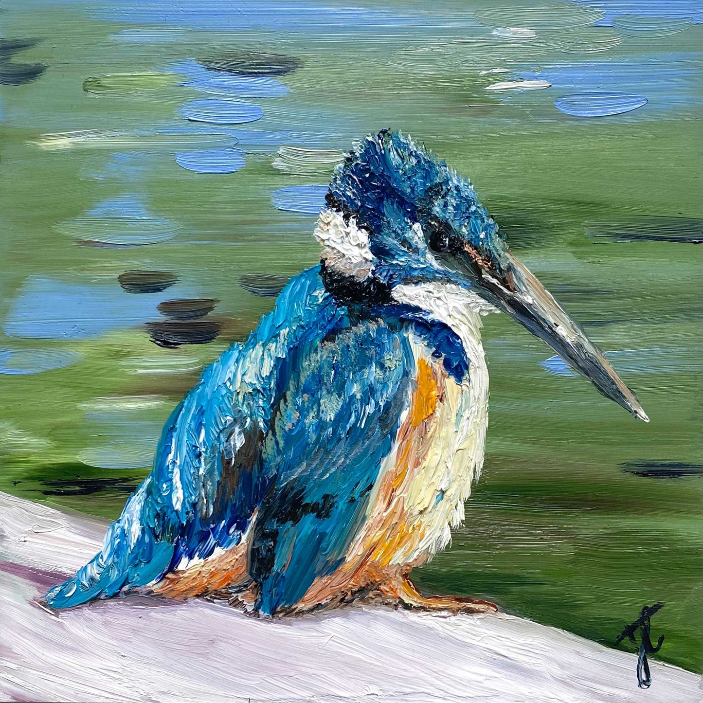 oil painting of blue kingfisher