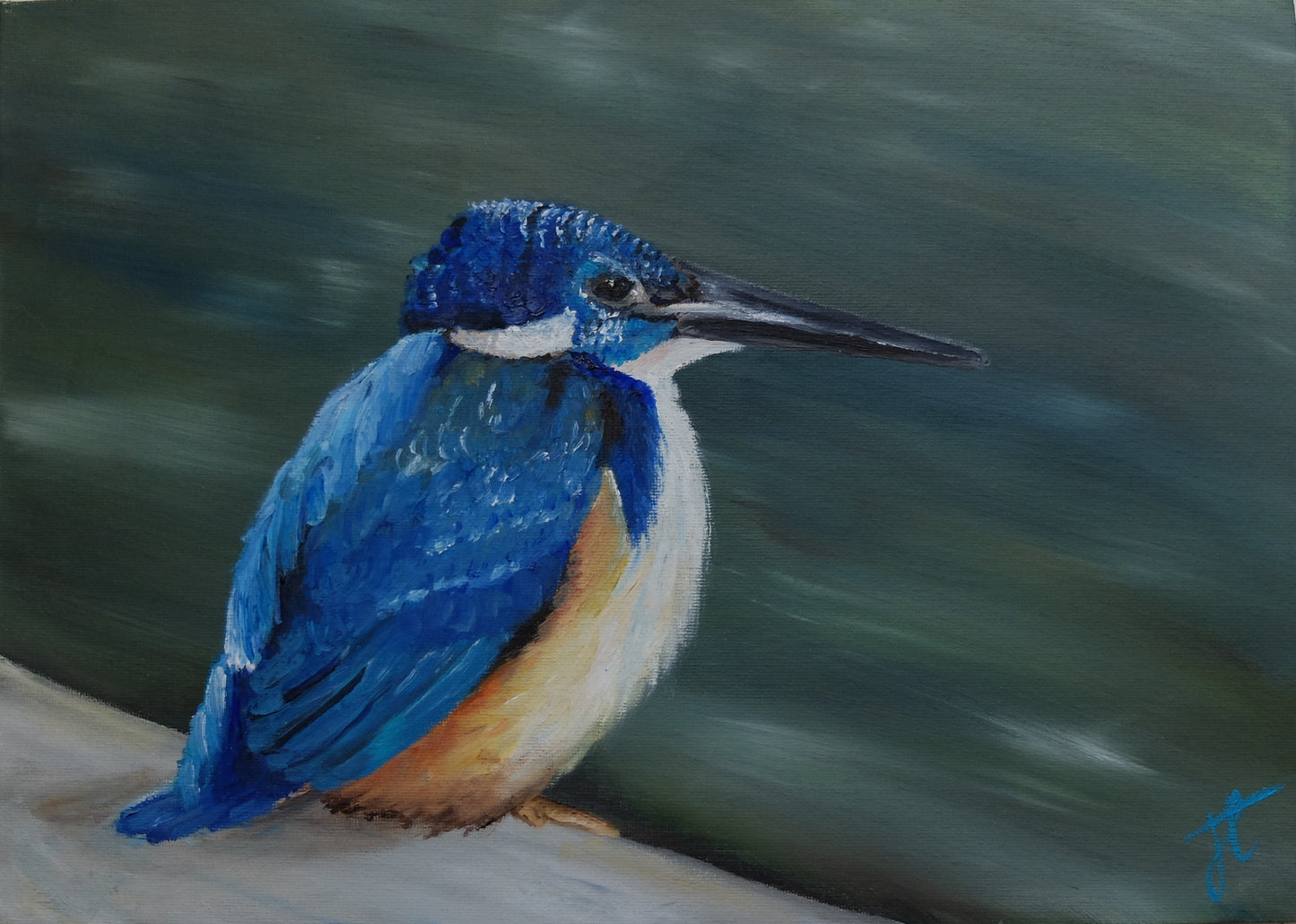 Painting of a kingfisher perched on what might be a boat or jetty overlooking a river.