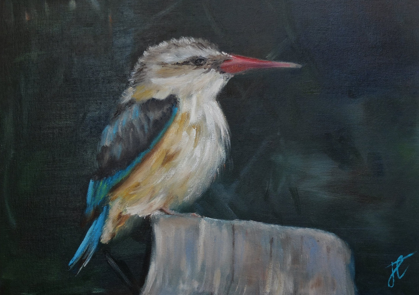Painting of a kingfisher on a treen stump.
