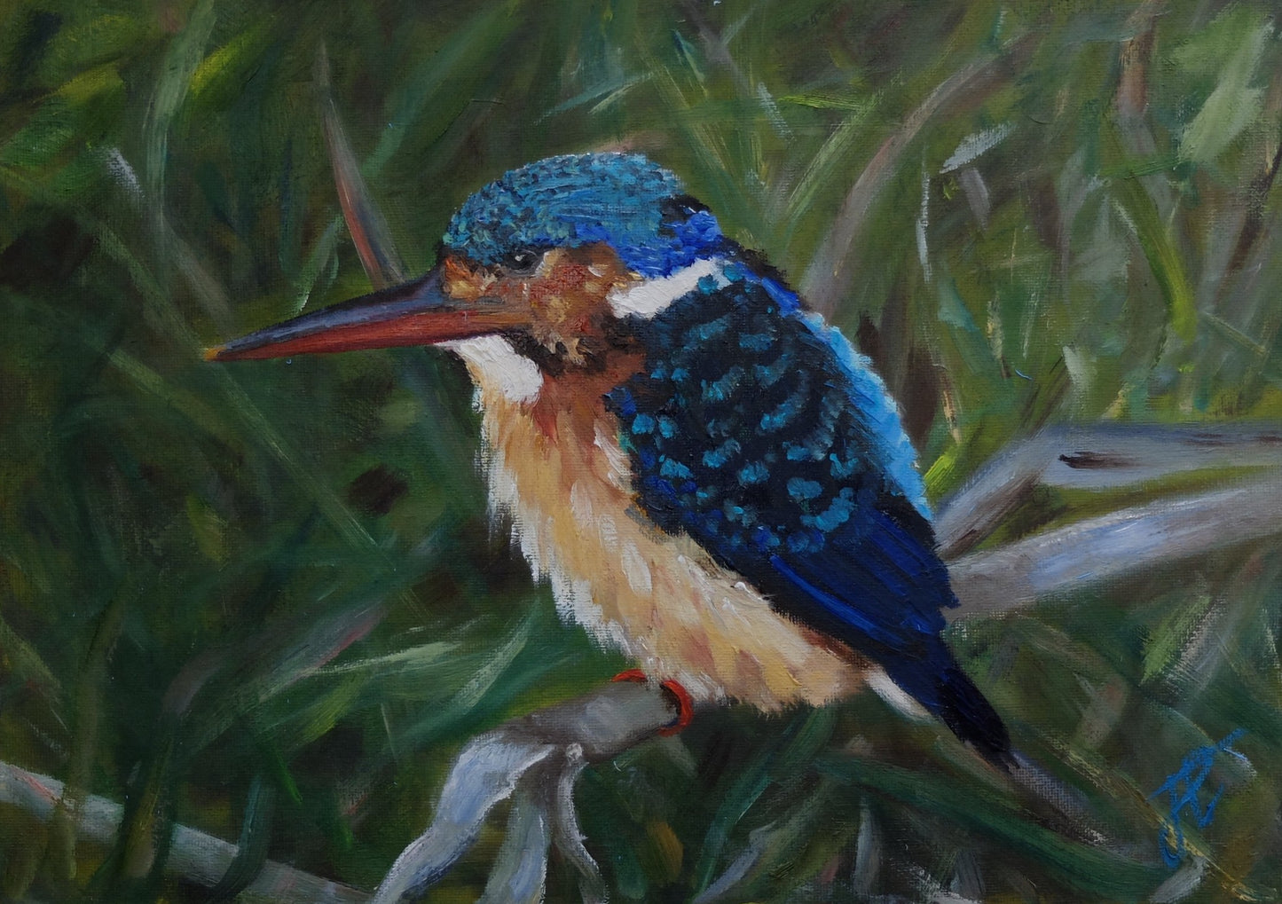 Painting of a kingfisher on a dry reed, surrounded by leafy reeds.