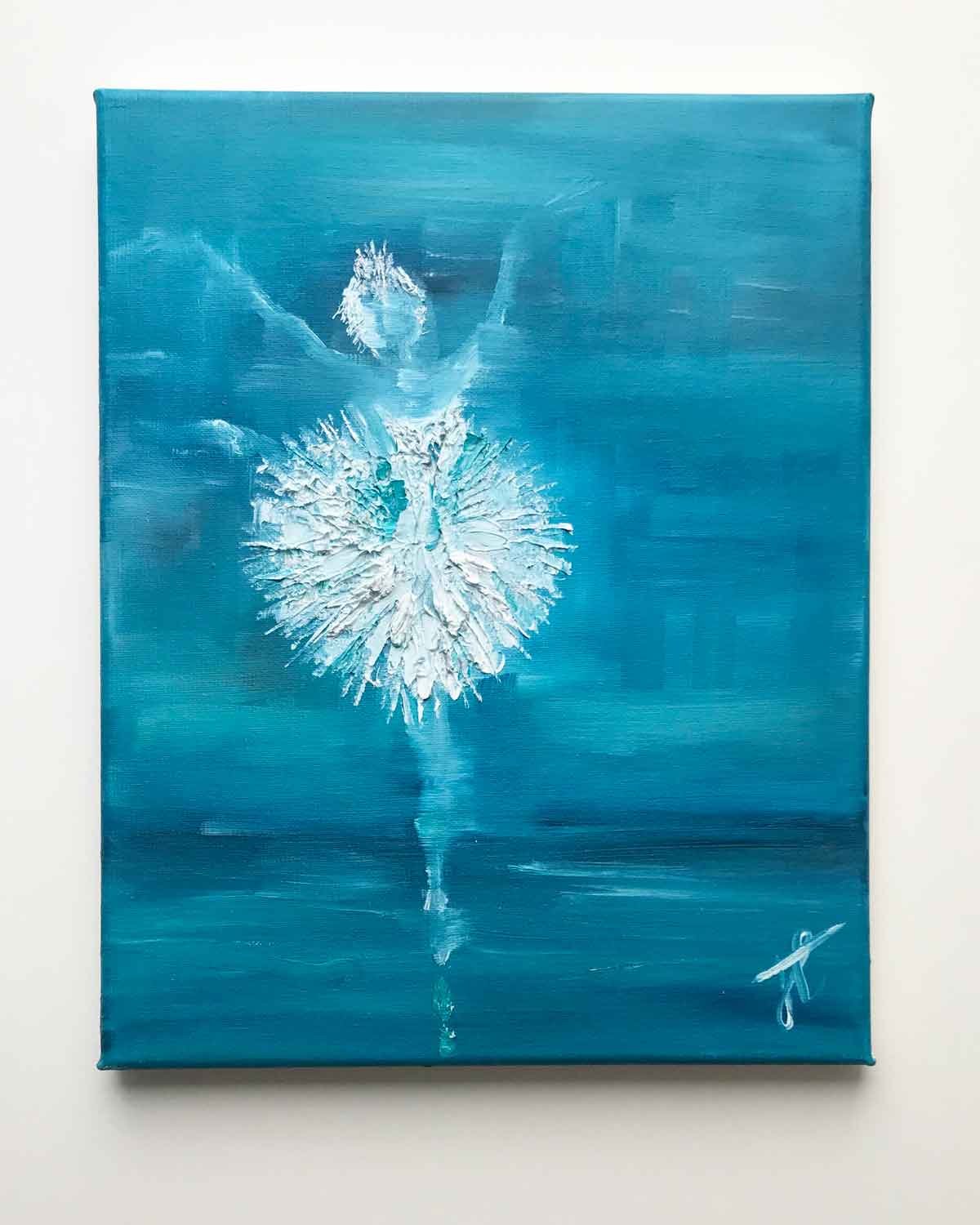 Painting shown against a light background: a ballerina in white swan costume poised with her leg raised in a high attitude behind her. She is facing the viewer, her arms extended to either side of her head. Her tutu is textured so that the paint is noticeably raised from the picture plane. She is depicted against a blue background.
