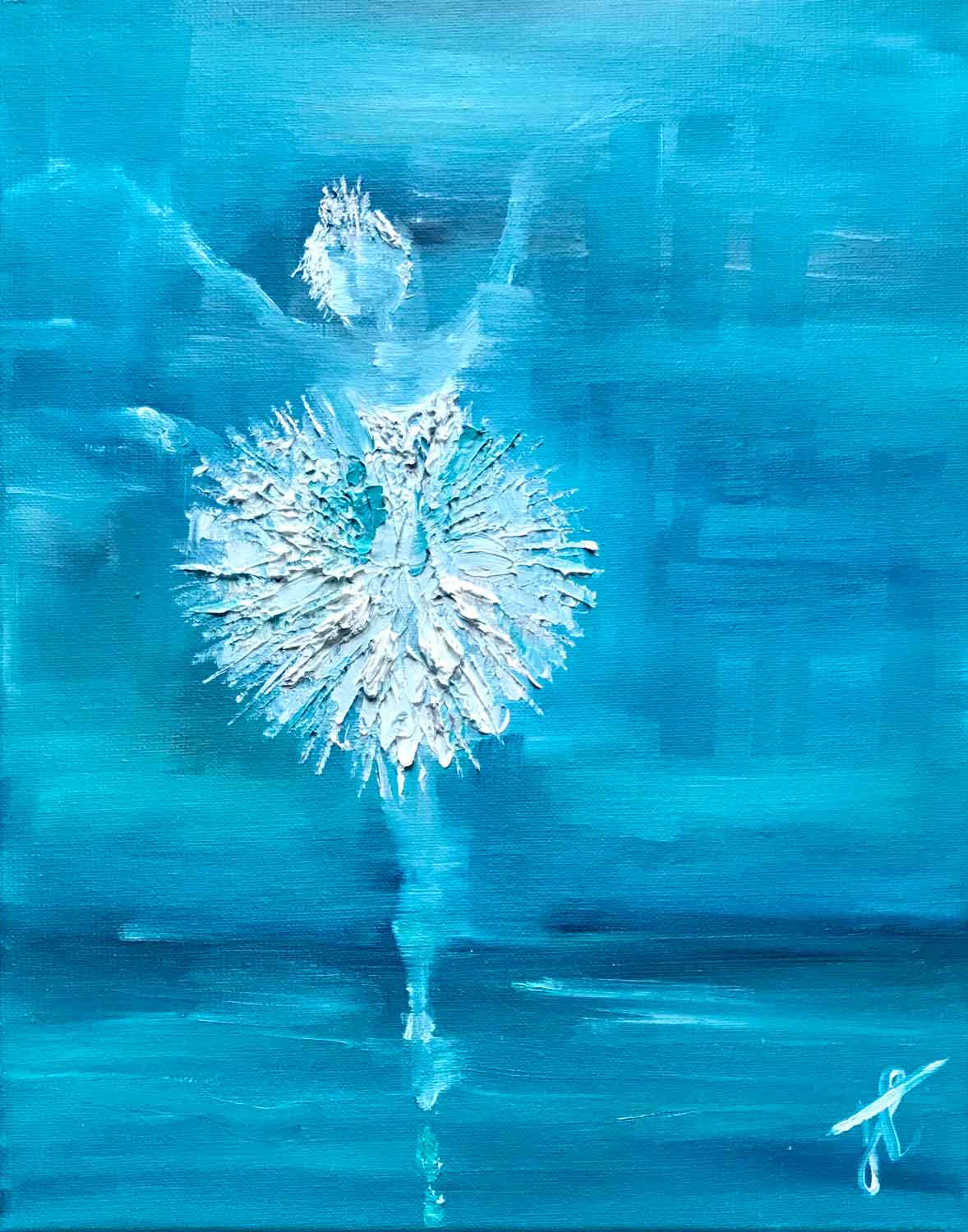 Painting shown cropped to edge: a ballerina in white swan costume poised with her leg raised in a high attitude behind her. She is facing the viewer, her arms extended to either side of her head. Her tutu is textured so that the paint is noticeably raised from the picture plane. She is depicted against a blue background.