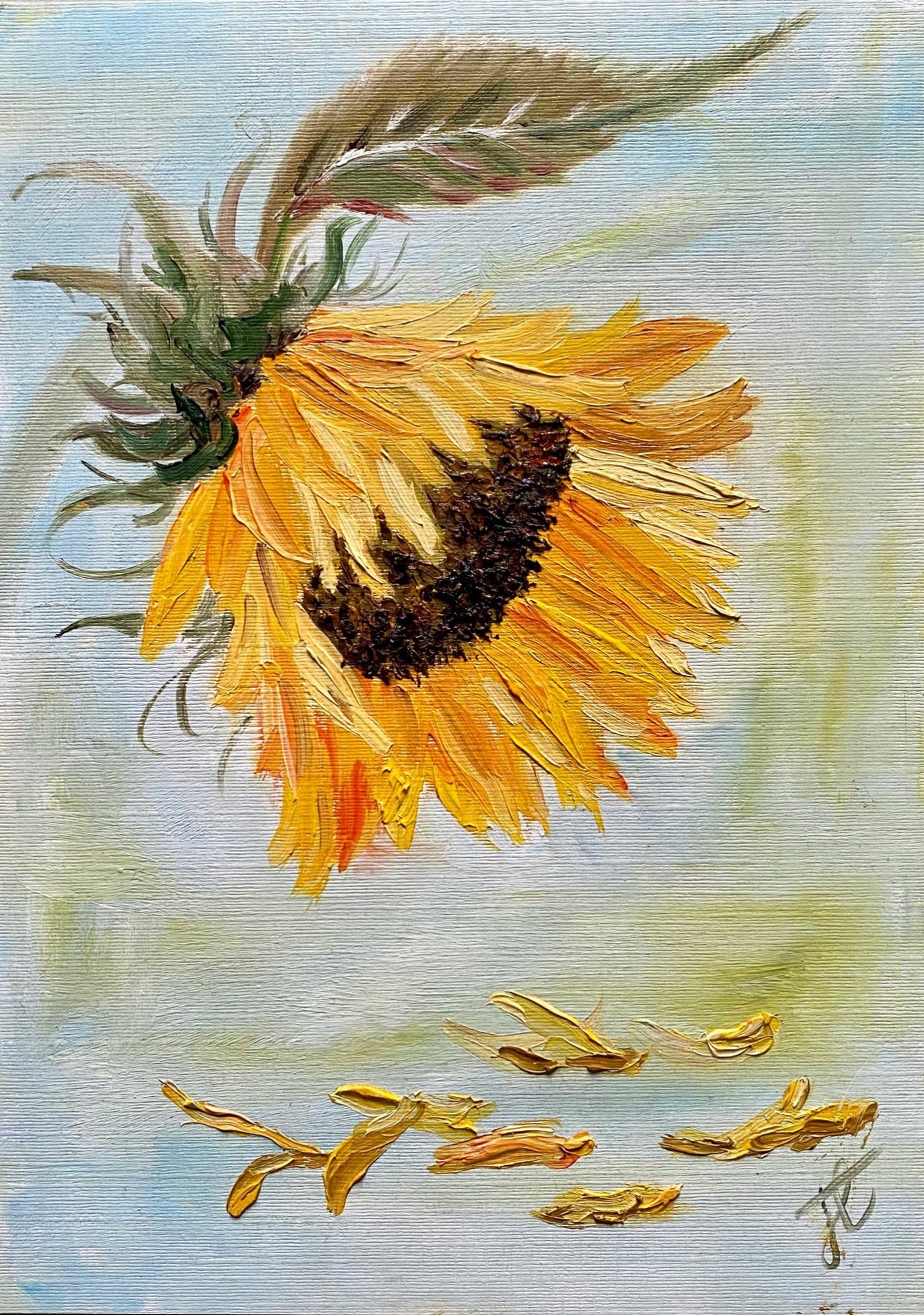 Painting study of sunflower bloom and leaf with dropped petals.