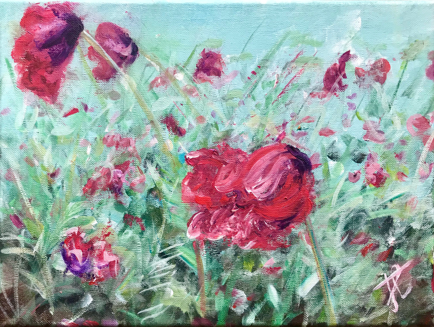 Acrylic painting of pink poppies with purple bases.