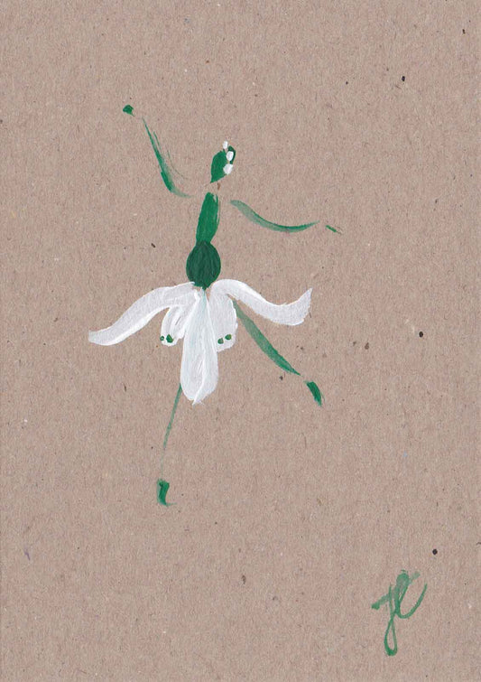 Ballerina in snowdrop flower tutu – painted design on brown note card