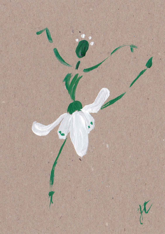 Ballerina in snowdrop flower tutu – painted design on brown note card