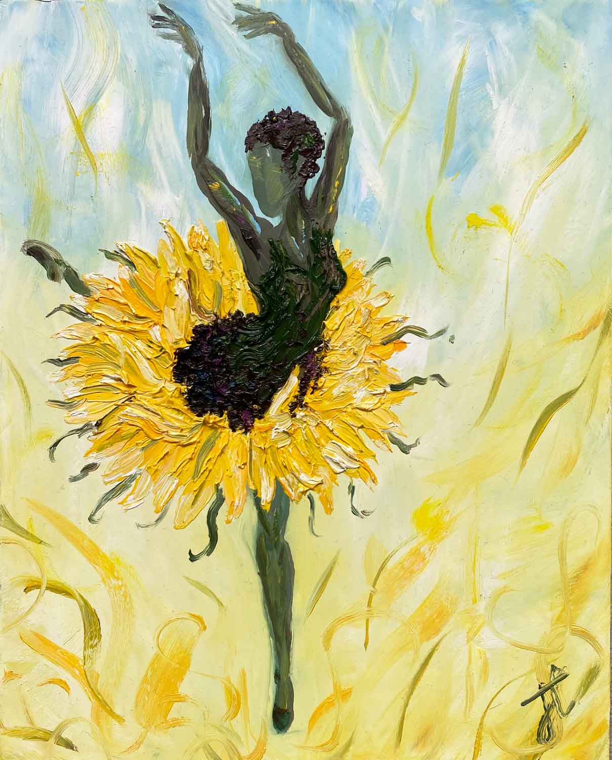 Original oil painting of ballerina poised in attitude wearing a sunflower tutu