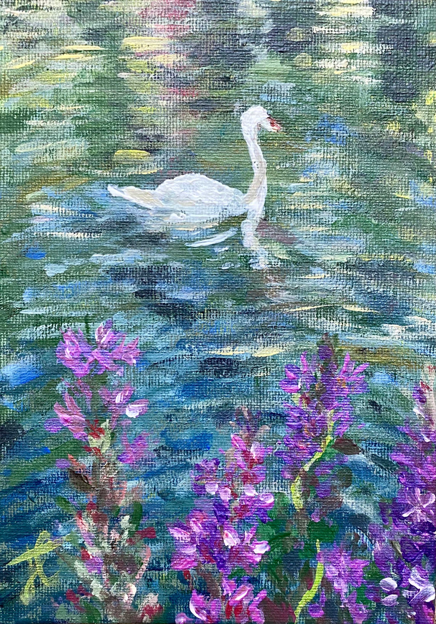 Painting of swan on river with purple flowers on watersedge