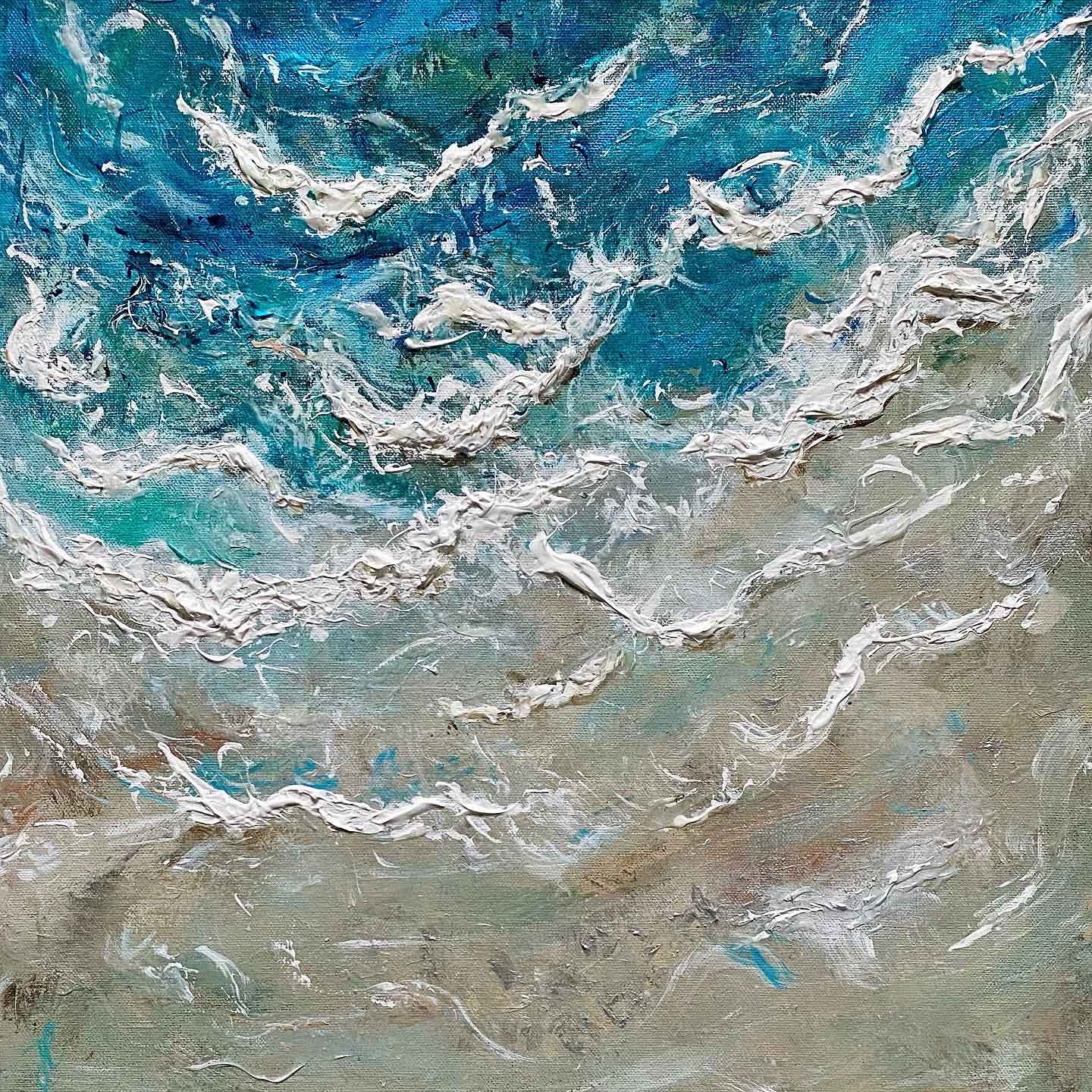 Textured painting of seascape with aerial view of waves on shoreline