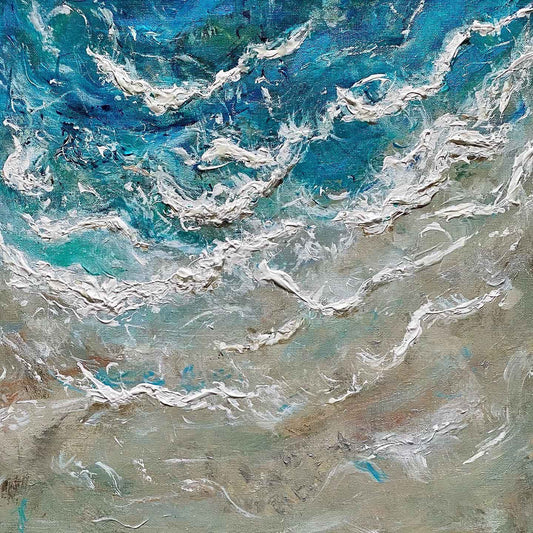 Textured painting of seascape with aerial view of waves on shoreline