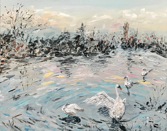 Painting of swans on a river. One upright with its wings outstreteched. One with its head under its wing. And two more on the water. There are bare trees silhouetted against the sky and the sunset sky is reflected on the water.