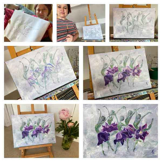 Collage of artist and artwork, from sketch through various stages on the easel to final painting of dancers in purple tulip tutus