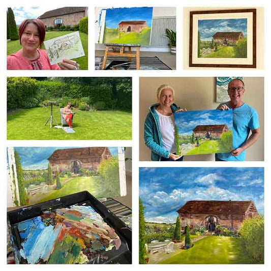 Collage of 7 photos of artist with sketch, painting on easel, framed painting, artist drawing in garden, two people holding a painting, closeup of artist paint tray and painting, finished painting of a house