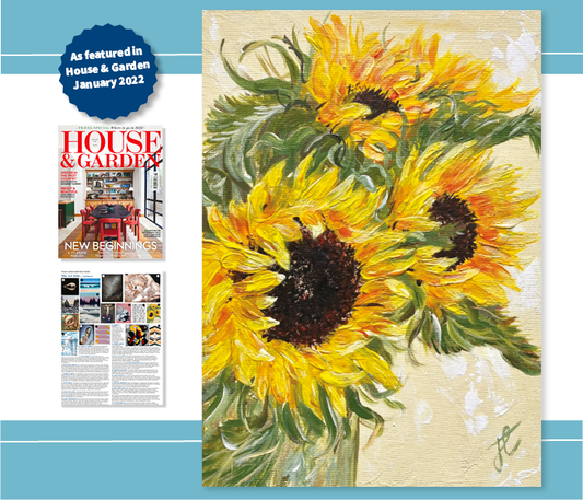 Collage of sunflower painting alongside House & Garden cover and art edit page