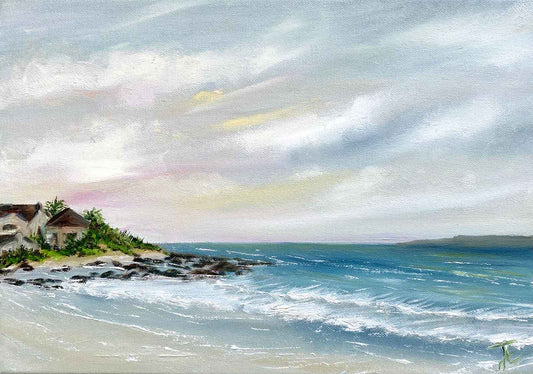 Painting of Britannia Bay with houses to the side of the beach