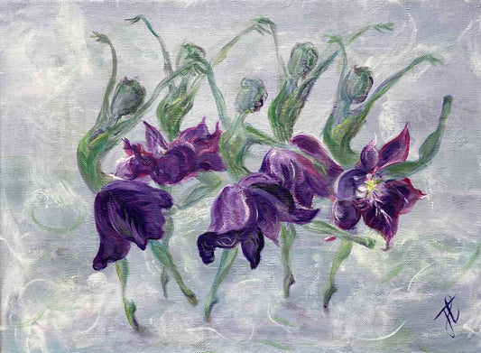 Ballerina painting with 5 dancers in purple tulip costumes