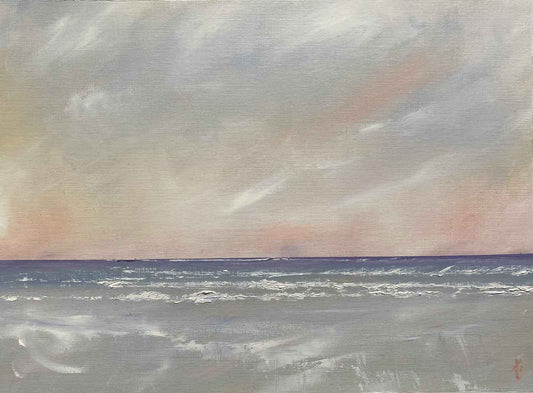 Seascape painting with soft lilac and peachy hues
