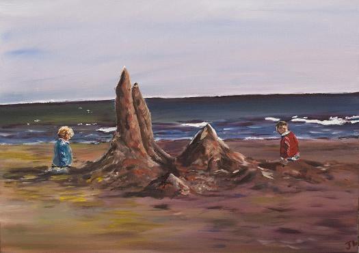 Seascape painting of two children on beach building a sandcastle