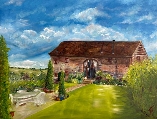 painted house portrait of converted barn with lawn and garden