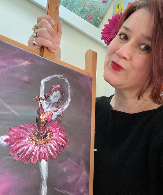 Jeanne-Louise with ballerina flower tutu painting on easel