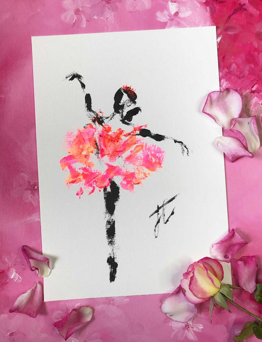 Painting of ballerina figure in black with neon tutu