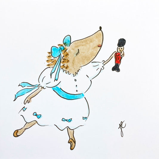 Ballettoons illustration: Hedgie as Clara poised in arabesque holding a Nutcracker doll