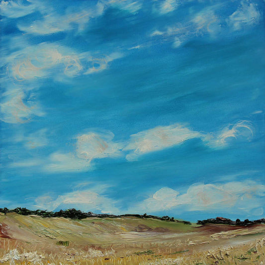 Square format landscape painting of farm fields on hillside and summer sky