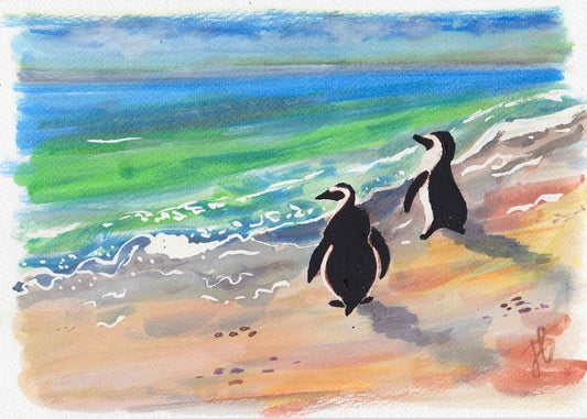 Watercolour painting of two penguins on beach