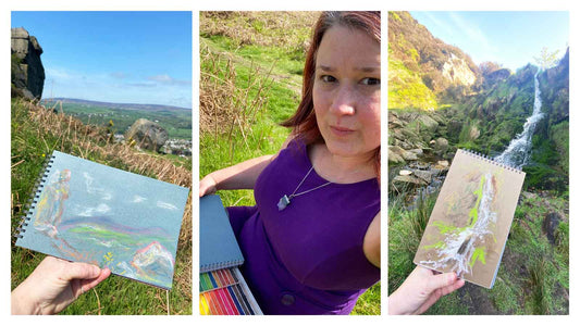 Trio of images, from left: sketchbook held outdoors, woman in purple sketching outdoors, sketchbook held in front of waterfall