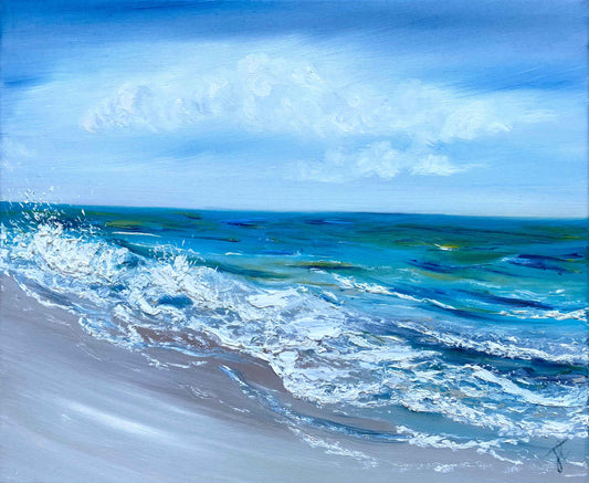 Seascape painting with textured wave breaking on shore