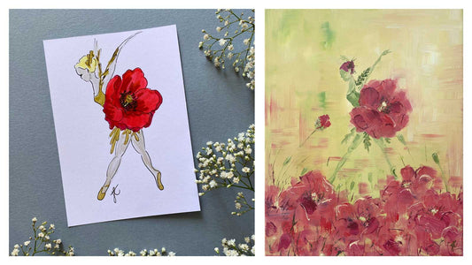 Juxtaposition of ballerina sketch and painting. In both the figure is wearing a red poppy tutu.