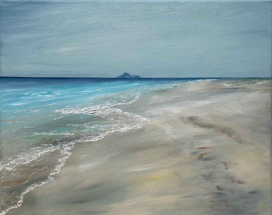 Beach painting of shoreline with distant island