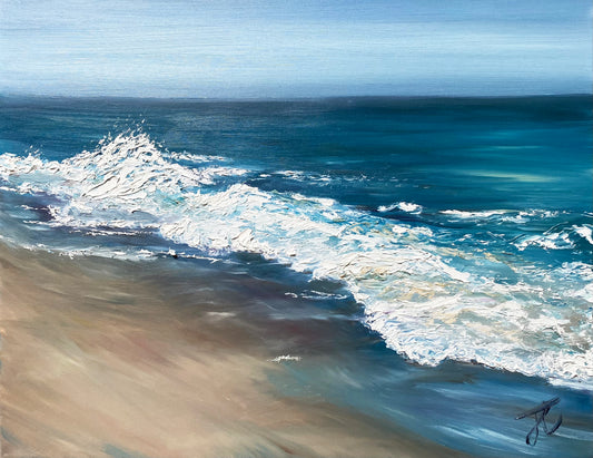 Soul – a textured oil painting of a wave breaking on the beach