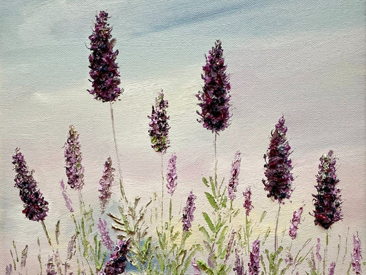 Detail from textured painting of lavender flowers