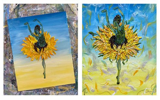 2 photos showing a sunflower ballerina painting at different stages of progress