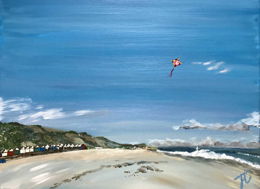 Beach painting with kite in sky