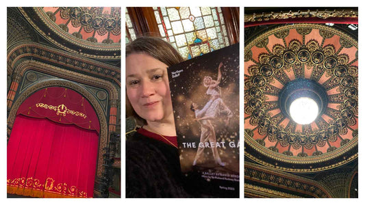 Collage of photos: proscenium arch with red curtain, woman holding ballet programme and inside of theatredome