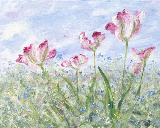 Painting of tulips and forget-me-nots