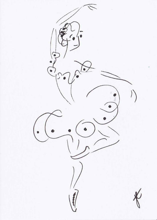 Greetings card with stylised ballerina sketch in black ink