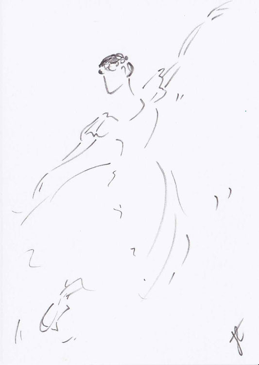 Line sketch of ballerina mid-jump in romantic tutu