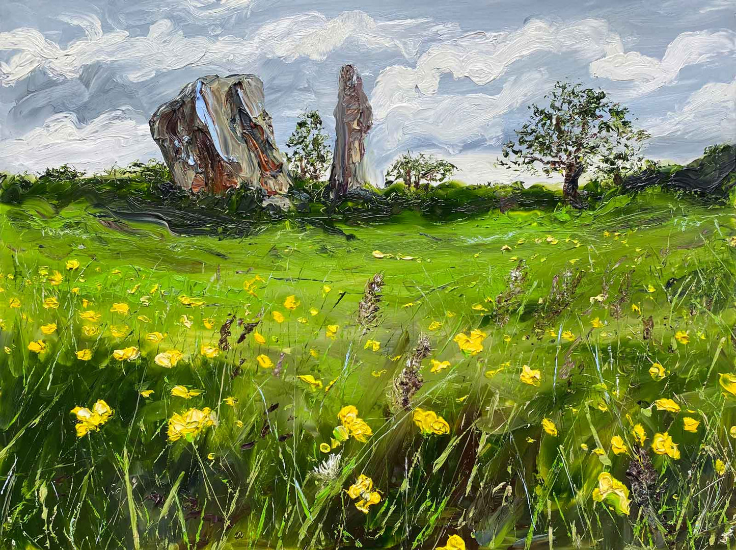 Textured landscape painting of meadow with standing stones, buttercups and trees