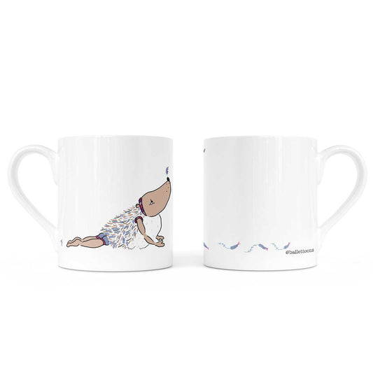 Mug (shown front and back) with Ballettoons Hedgie character in yoga pose with lavender design