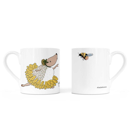 Mug (shown front and back) with Ballettoons Hedgie character in sunflower tutu with bumble bee on the back